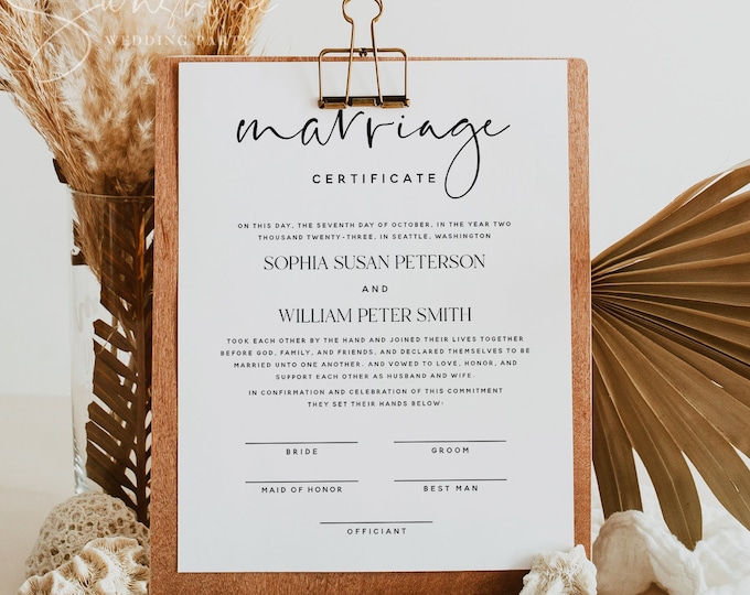 Minimalist Certificate of Marriage Template, Modern Wedding Certificate, Editable Wedding Vow Keepsake, Digital Download, 8x10, 16x20, M15