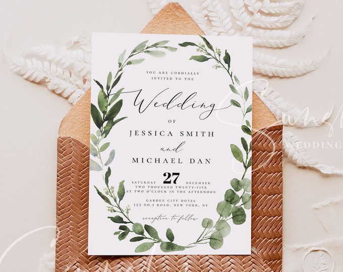 Greenery Wedding Invitation Template, Eucalyptus Greenery, Printable Invitation, INSTANT DOWNLOAD, 100% Editable Text, DiY, Boho Wreath, G3