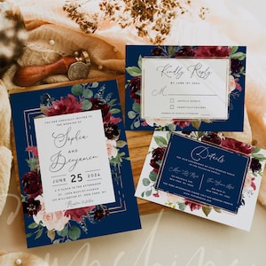 Navy Burgundy Wedding Invitation Kit Template, Marsala Wedding Invitation Suite, Floral Invitation Set, Instant Download, Templett, F17
