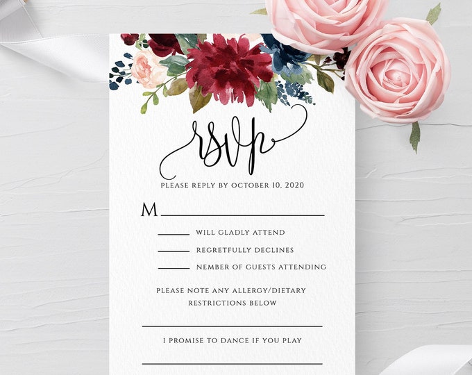Marsala Burgundy Navy Wedding RSVP Template Printable Editable Wedding Invitation RSVP Template Kindly Reply Instant Download Templett F3