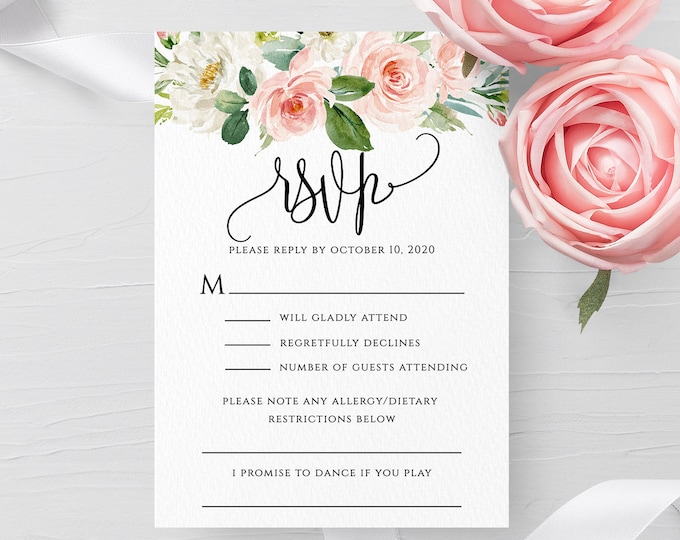 Blush White Floral Wedding RSVP Template Printable Editable Wedding Invitation RSVP Template Kindly Reply Instant Download Templett PDF F5