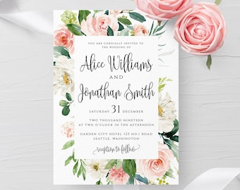 Blush White Floral Wedding Invitation Template Printable Wedding Invitation Template Editable Wedding Template Templett Instant Download F5