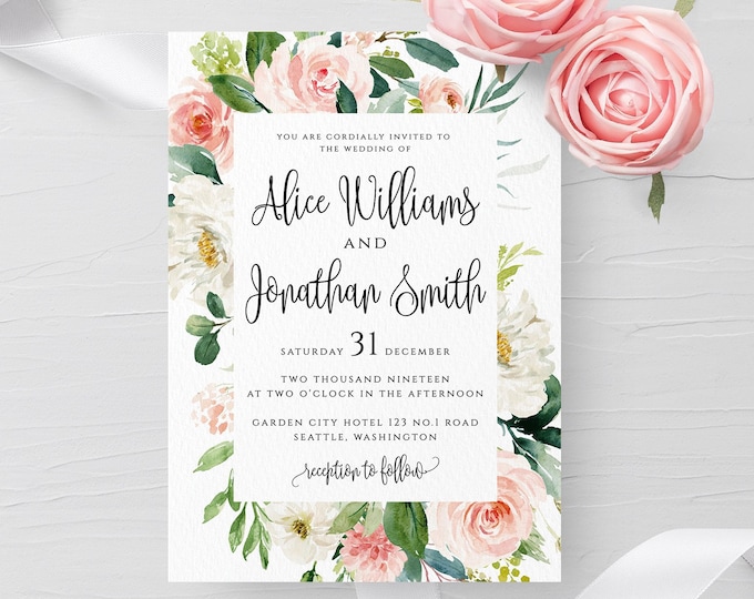 Blush White Floral Wedding Invitation Template Printable Wedding Invitation Template Editable Wedding Template Templett Instant Download F5