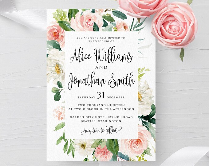 Blush White Floral Wedding Invitation Template Printable Wedding Invitation Template Editable Wedding Template Templett Instant Download F5