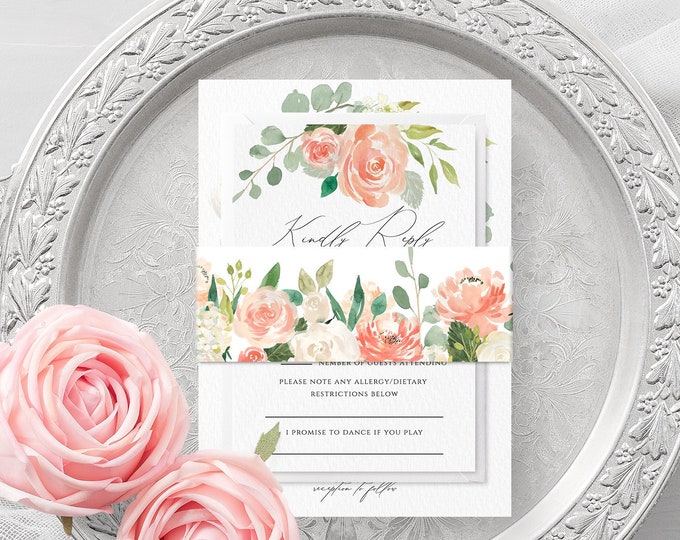 Belly Band Wedding Invitation Template Peach Floral Bellyband Editable Template Bellyband Printable Template Templett Instant Download F1