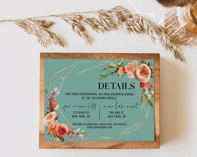 Coral and Green Wedding Details Card Template, Garden Wedding, Accommodations Card Template, Wedding Details Card, Instant Download, F22