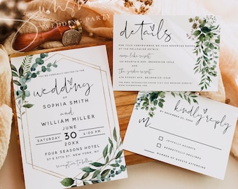 Eucalyptus Greenery Wedding Invitation Kit Template, Wedding Invitation Suite, Invitation Set, Details Card, RSVP Card, Instant Download, G5