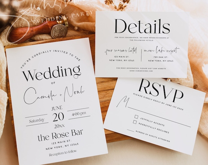 Modern Minimalist Wedding Invitation Template Suite, Simple Wedding Invitation Set, Elegant Wedding Invites, Printable Wedding Invite, M15
