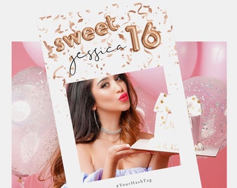 Sweet 16 Selfie Frame Template | Editable Birthday Photo Booth Prop | Rose Gold Party Sign | Instant Download | Templett | Balloon Design