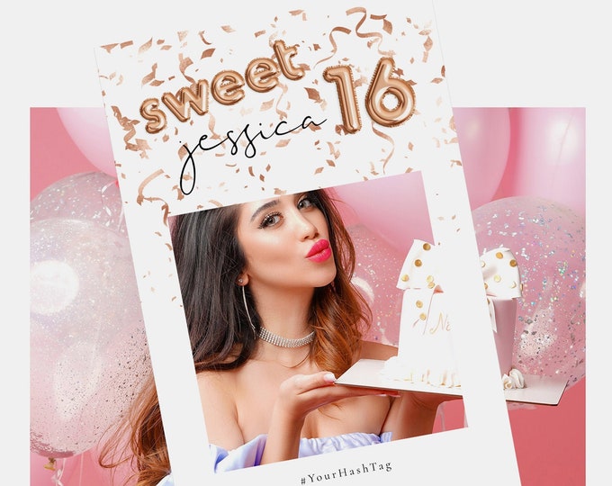 Sweet 16 Selfie Frame Template | Editable Birthday Photo Booth Prop | Rose Gold Party Sign | Instant Download | Templett | Balloon Design