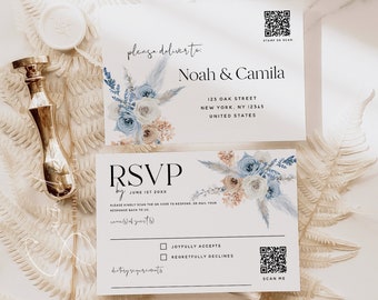 QR Code RSVP Card Template, Dusty Blue Champagne, Wedding Reply Card, Printable RSVP, Editable Template, Bohemian, Digital Download, F23