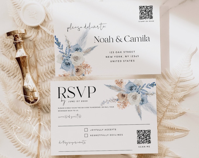 QR Code RSVP Card Template, Dusty Blue Champagne, Wedding Reply Card, Printable RSVP, Editable Template, Bohemian, Digital Download, F23