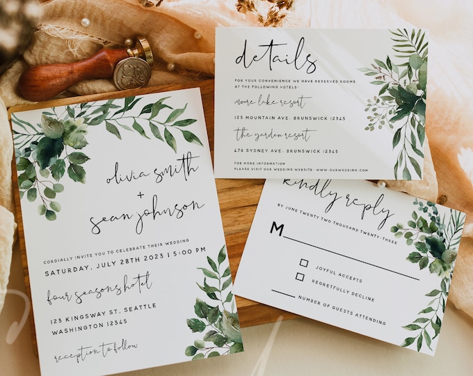 Greenery Wedding Invitation Kit Template, Greenery Wedding Invitation Suite, Invitation Set, RSVP Details Card, Instant Download Templett G5