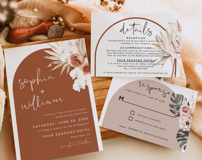 Terracotta Wedding Invitation Set Template, Modern Terracotta Boho Invitation Kits, Wedding Invitation Suite Template, Instant Download, T4