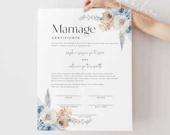 Certificate of Marriage Template, Dusty Blue Champagne Floral Wedding Certificate, Editable Wedding Vow Keepsake, Download, 8x10, 16x20, F23