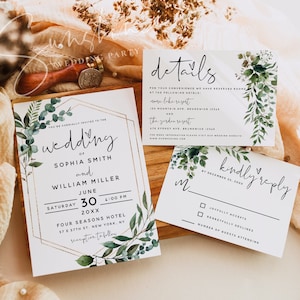 Eucalyptus Greenery Wedding Invitation Kit Template, Wedding Invitation Suite, Invitation Set, Details Card, RSVP Card, Instant Download, G5 image 1