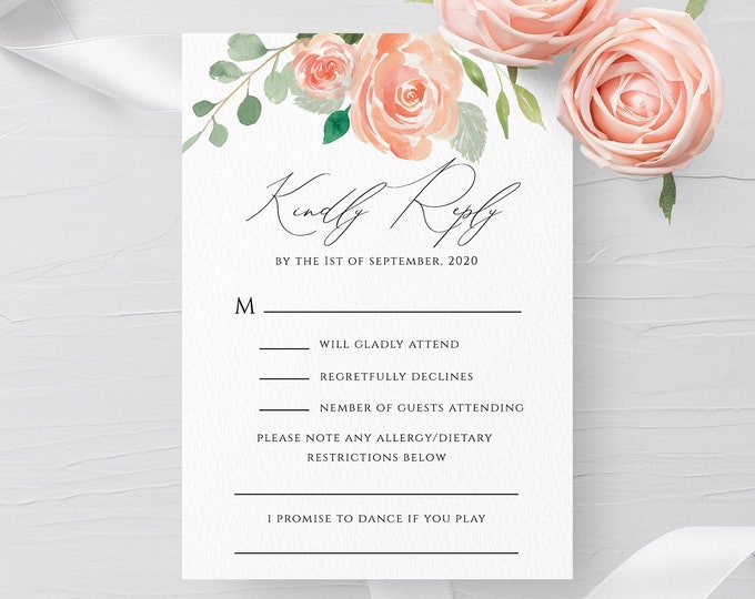 Wedding RSVP Card Template Editable Printable Peach Floral Wedding RSVP Card Wedding Kindly Reply Card Template Kindly Response Templett F1