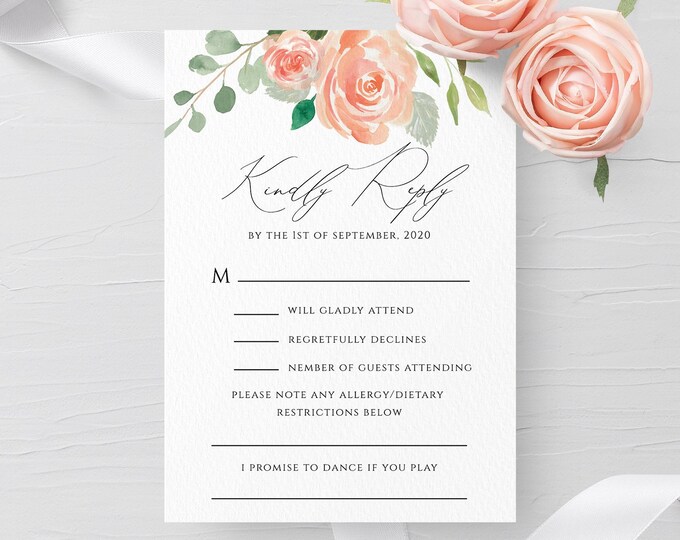 Wedding RSVP Card Template Editable Printable Peach Floral Wedding RSVP Card Wedding Kindly Reply Card Template Kindly Response Templett F1