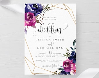 Blue & Purple Wedding Invitation Template Printable Editable Wedding Invitation Template Templett Wedding Invitation Instant Download F9