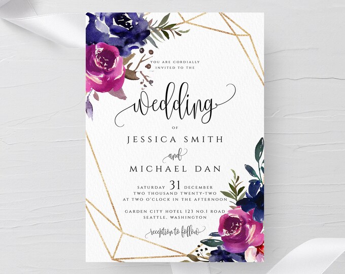 Blue & Purple Wedding Invitation Template Printable Editable Wedding Invitation Template Templett Wedding Invitation Instant Download F9