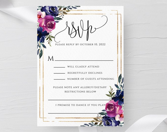 Wedding Invitation PSVP Template Blue Purple Floral Editable RSVP Template Printable RSVP Template Wedding Templett Instant Download F9