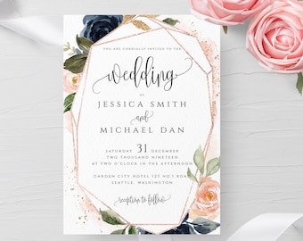 Navy & Blush Wedding Invitation Template Printable Editable Floral Blush Wedding Invitation Template Templett Wedding Invitation Template F6