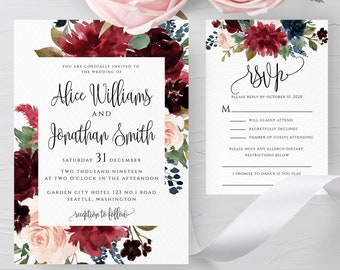 Marsala Burgundy Navy Wedding Invitation Template Printable Fully Editable Wedding Invitation Template Instant Download Templett PDF JPEG F3