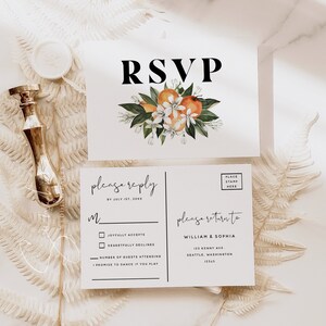Modèle de carte postale PSVP de faire-part de mariage orange, RSVP de carte postale de mariage, RSVP imprimable Veuillez répondre, texte modifiable, téléchargement immédiat, C2