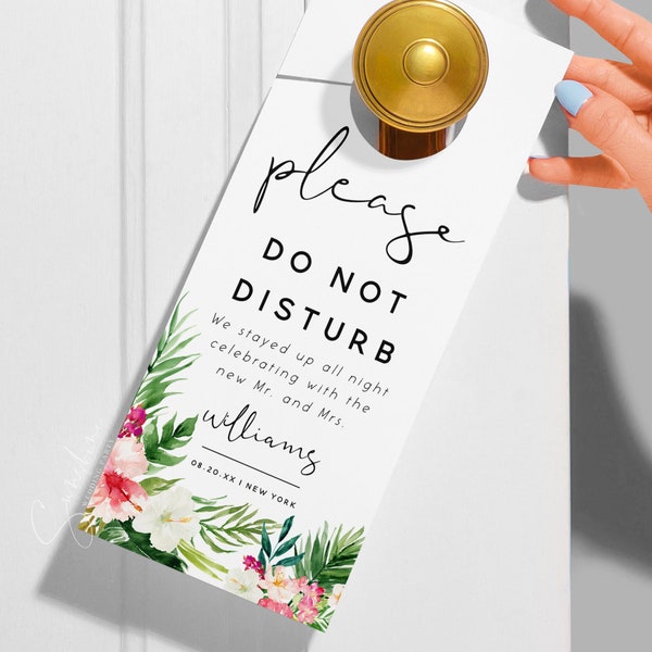 Hawaiian Wedding Door Hanger Template, Do Not Disturb Door Tag, Summer Tropical Wedding Printable, Editable Template, Instant Download, H1