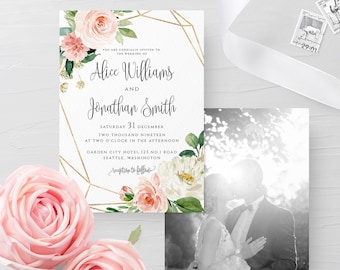 Blush White Floral Wedding Photo Invitation Template Photo Printable Template Editable Wedding Photo Invitation Instant Download Templett F5