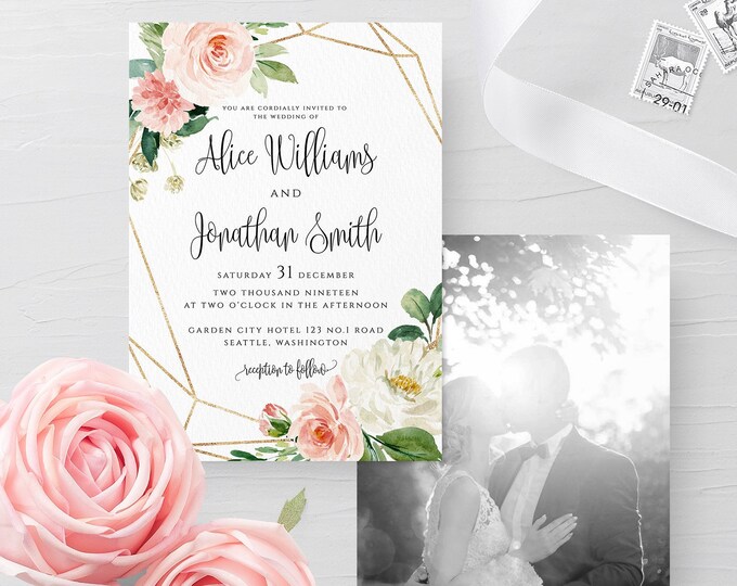 Blush White Floral Wedding Photo Invitation Template Photo Printable Template Editable Wedding Photo Invitation Instant Download Templett F5