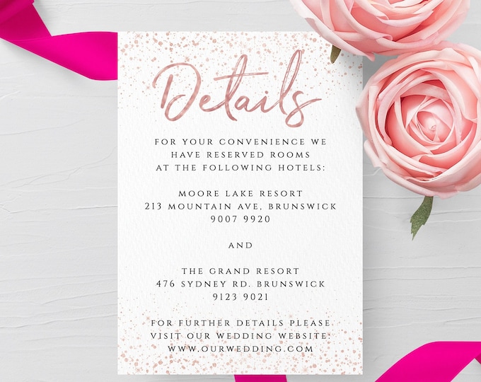 Rose Gold Wedding Details Card Template Editable Printable Wedding Information Card Wedding Accommodations Card Instant Download Templett M1