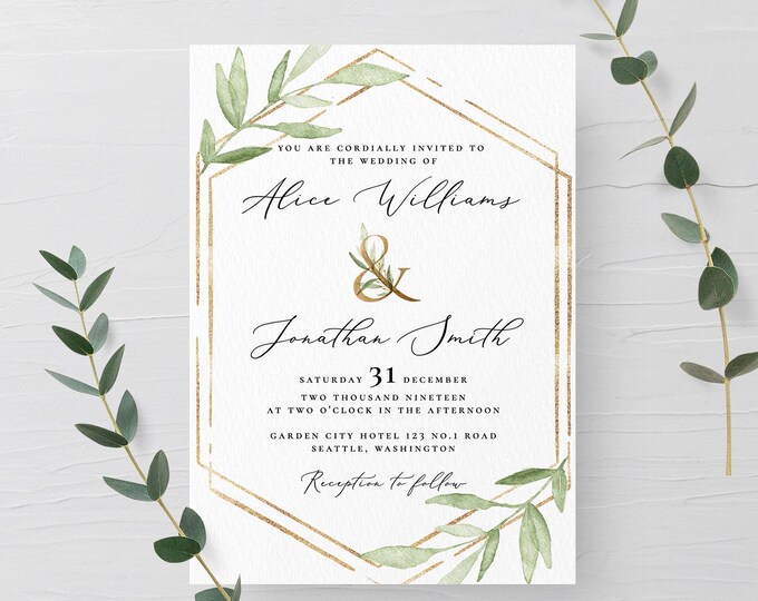 Greenery Wedding Invitation Template Oliver Leaf Printable Editable Greenery Template Wedding Invitation Instant Download PDF Templett G1