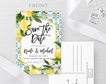 Postcard Save the Date Template, DIY Lemon Blue Wedding Save the Date Card, DIY Wedding, Printable, Editable, Instant Download, Templett, L1