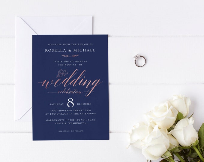 Modern Wedding Invitation Template, Navy, Rose Gold, Calligraphy, Simple, Minimalist, Editable, Printable, Instant Download, Templett, N1