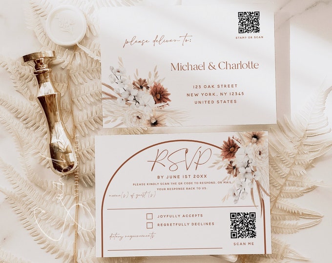 QR Code RSVP Card Template, Terracotta Floral Wedding, Wedding Reply Cards, Printable RSVP Cards, Editable Template, Digital Download, F24