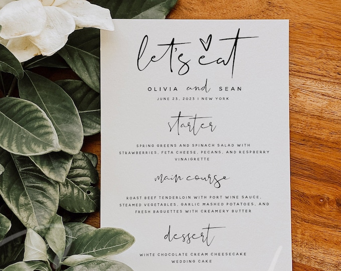 Modern Menu Template, Wedding Menu, Minimalist Wedding Menu, DIY Printable Menu, Instant Download, Reception Dinner Menu, 100% Editable, M8