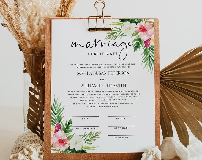 Hawaiian Wedding Certificate of Marriage Template, Wedding Certificate, Wedding Vow Keepsake, Tropical Wedding, Download, 8x10, 16x20, H1