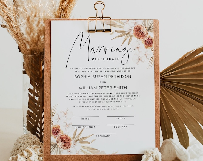 Terracotta Certificate of Marriage Template, Pampas Grass, Boho Wedding Certificate, Wedding Vow Keepsake, Digital Download, 8x10, 16x20, T4