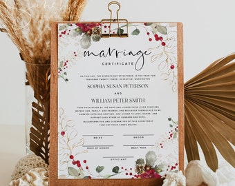 Certificate of Marriage Template, Christmas Floral, Wedding Certificate, Editable Wedding Vow Keepsake, Digital Download, 8x10, 16x20, F25