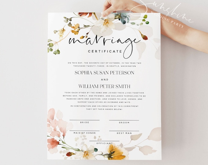 Certificate of Marriage Template, Garden Flowers, Wedding Certificate, Wedding Vow Keepsake, Marsala Wedding, Download, 8x10, 16x20, F16