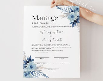 Certificate of Marriage Template, Dusty Blue Floral Wedding Certificate, Editable Wedding Vow Keepsake, Digital Download, 8x10, 16x20, F20