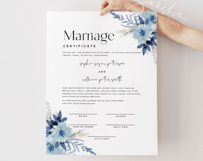 Certificate of Marriage Template, Dusty Blue Floral Wedding Certificate, Editable Wedding Vow Keepsake, Digital Download, 8x10, 16x20, F20