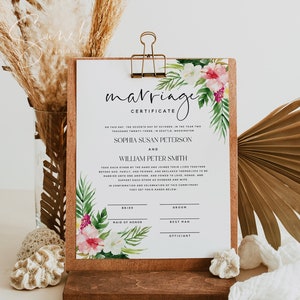 Hawaiianische Hochzeit Heiratsurkunde Vorlage, Hochzeitsurkunde, Andenken, Tropische Hochzeit, Download, 8x10, 16x20, H1