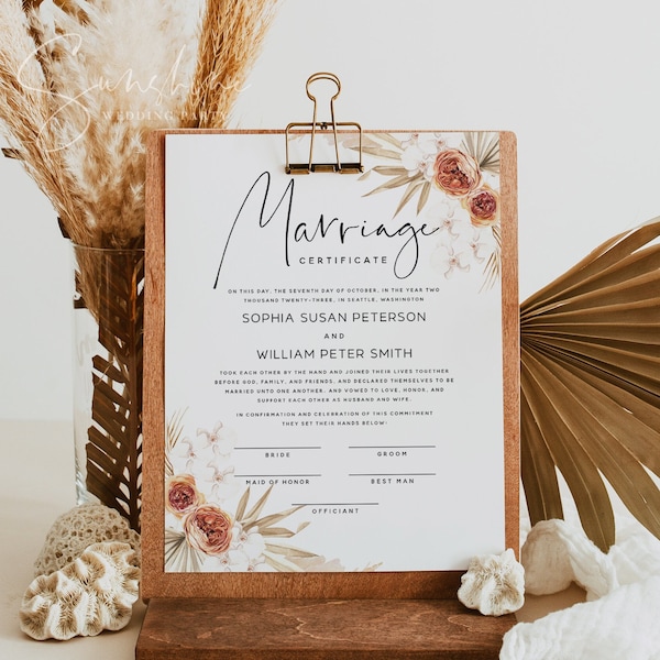 Terracotta Certificate of Marriage Template, Pampas Grass, Boho Wedding Certificate, Wedding Vow Keepsake, Digital Download, 8x10, 16x20, T4