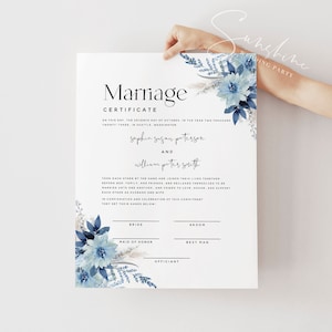 Heiratsurkunde Vorlage, Dusty Blue Blumenhochzeitsurkunde, Bearbeitbares Hochzeitsgelübde-Andenken, Digitaler Download, 8x10, 16x20, F20
