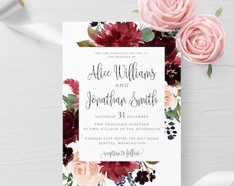 Marsala Burgundy Navy Wedding Invitation Template Printable Fully Editable Wedding Invitation Template Instant Download Templett PDF JPEG F3