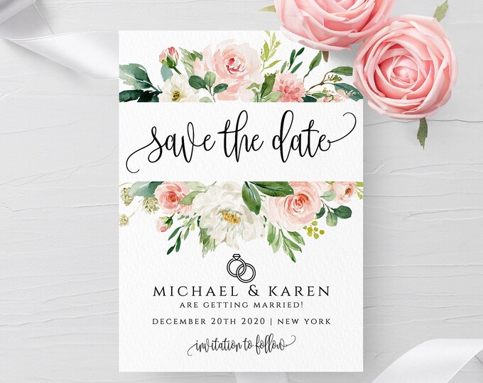 Blush White Floral Wedding Save the Date Template Printable Save the Date Editable Save the Date Template Instant Download Templett PDF F5