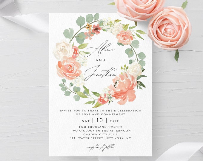 Wedding Invitation Template Peach Wedding Invitation Template Editable Printable Wedding Invitation Wedding Invitation Template Templett F1