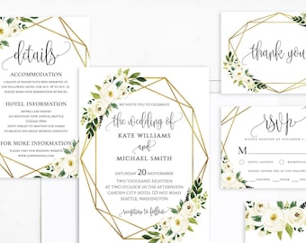 White Floral Greenery Foliage Wedding Invitations Template White Floral Wedding Invitations Suite Printable White Floral Invitation Suite